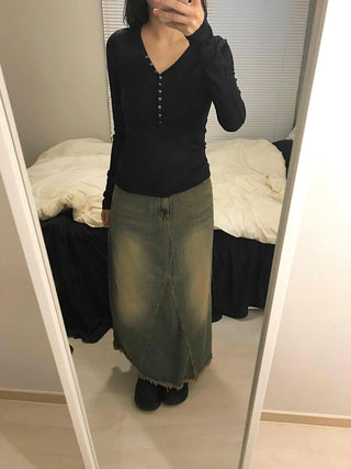 Gold Studded Henley Drop Shoulder Basic Long Sleeve Tee