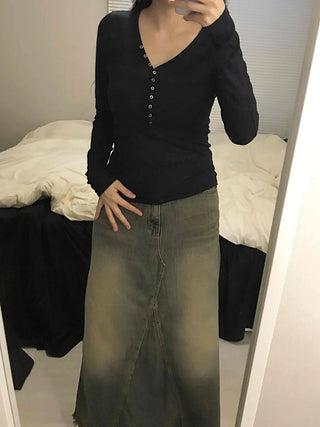 Gold Studded Henley Drop Shoulder Basic Long Sleeve Tee