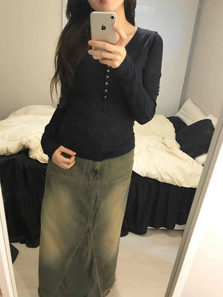 Gold Studded Henley Drop Shoulder Basic Long Sleeve Tee