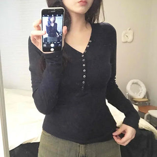 Gold Studded Henley Drop Shoulder Basic Long Sleeve Tee