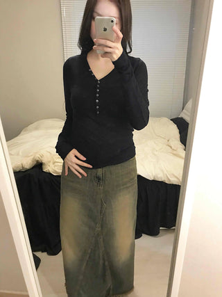 Gold Studded Henley Drop Shoulder Basic Long Sleeve Tee