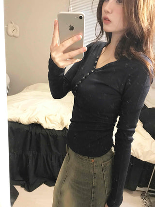 Gold Studded Henley Drop Shoulder Basic Long Sleeve Tee