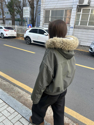 Fur Hooded Military Crop Bomber Jumper