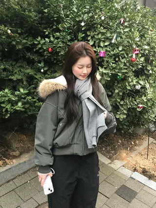 Fur Hooded Military Crop Bomber Jumper