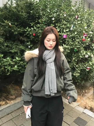 Fur Hooded Military Crop Bomber Jumper