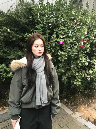 Fur Hooded Military Crop Bomber Jumper