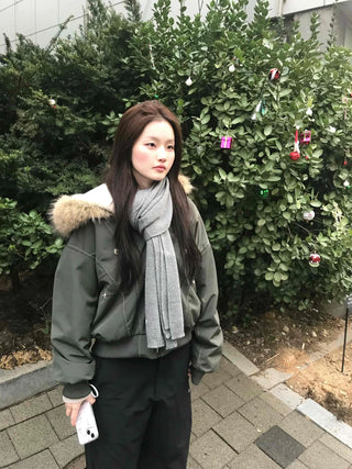 Fur Hooded Military Crop Bomber Jumper