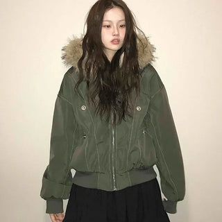 Fur Hooded Military Crop Bomber Jumper