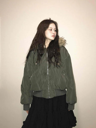 Fur Hooded Military Crop Bomber Jumper