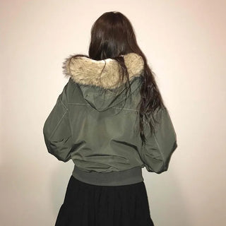 Fur Hooded Military Crop Bomber Jumper