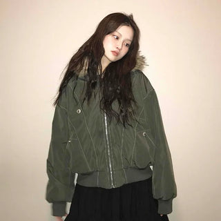Fur Hooded Military Crop Bomber Jumper