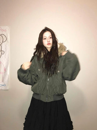 Fur Hooded Military Crop Bomber Jumper