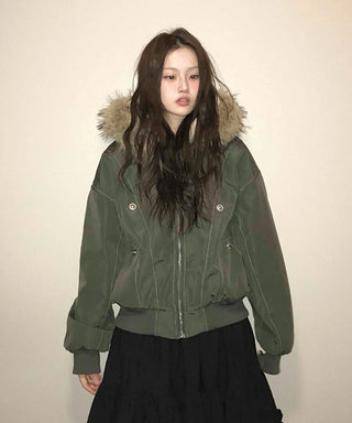Fur Hooded Military Crop Bomber Jumper