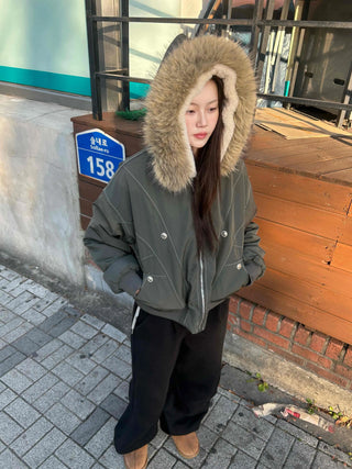 Fur Hooded Military Crop Bomber Jumper
