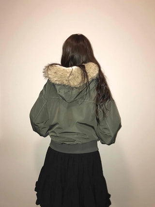 Fur Hooded Military Crop Bomber Jumper