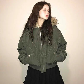 Fox Fur Hooded Basic Loose Fit Military Bomber Jumper