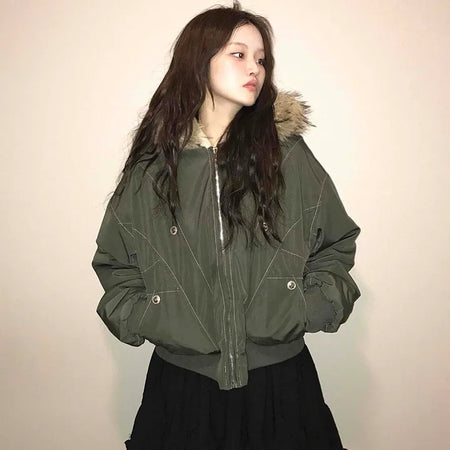 Fox Fur Hooded Basic Loose Fit Military Bomber Jumper