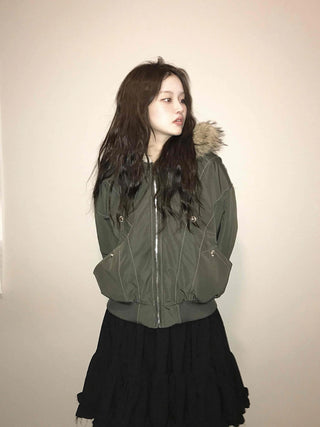 Fox Fur Hooded Basic Loose Fit Military Bomber Jumper