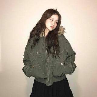 Fox Fur Hooded Basic Loose Fit Military Bomber Jumper