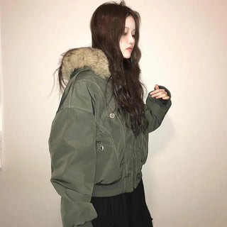 Fox Fur Hooded Basic Loose Fit Military Bomber Jumper