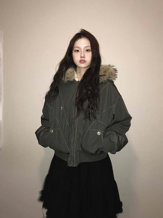 Fox Fur Hooded Basic Loose Fit Military Bomber Jumper