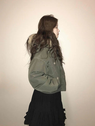 Fox Fur Hooded Basic Loose Fit Military Bomber Jumper