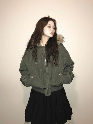 Fox Fur Hooded Basic Loose Fit Military Bomber Jumper