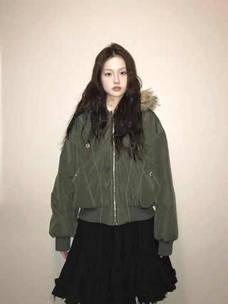 Fox Fur Hooded Basic Loose Fit Military Bomber Jumper