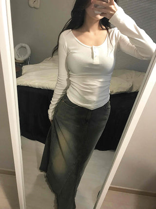 Button Neck Slim Fit Round Neck Long Sleeve T-shirt