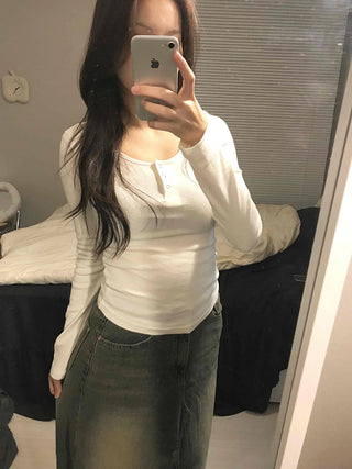 Button Neck Slim Fit Round Neck Long Sleeve T-shirt