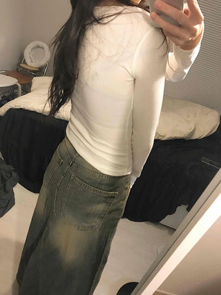 Button Neck Slim Fit Round Neck Long Sleeve T-shirt
