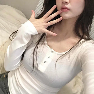 Button Neck Slim Fit Round Neck Long Sleeve T-shirt