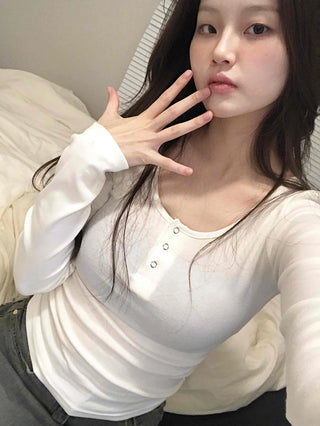 Button Neck Slim Fit Round Neck Long Sleeve T-shirt