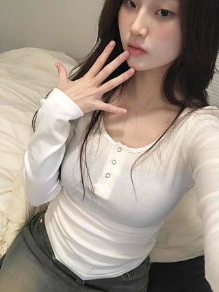 Button Neck Slim Fit Round Neck Long Sleeve T-shirt