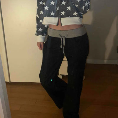 Vintage Star Print Color Block Elastic Waist Flare Sweatpants