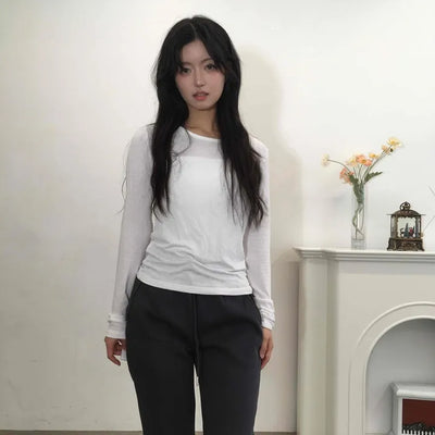 Soft Daily Shirring Detail Round Neck Long Sleeve Tee