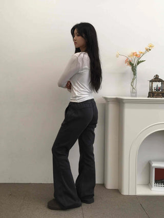 Soft Daily Shirring Detail Round Neck Long Sleeve Tee