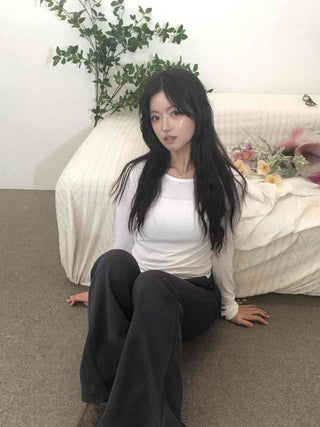 Soft Daily Shirring Detail Round Neck Long Sleeve Tee