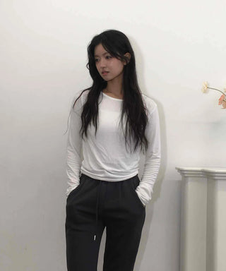 Soft Daily Shirring Detail Round Neck Long Sleeve Tee