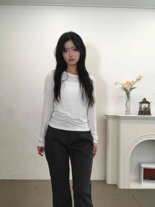 Soft Daily Shirring Detail Round Neck Long Sleeve Tee