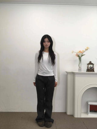 Soft Daily Shirring Detail Round Neck Long Sleeve Tee