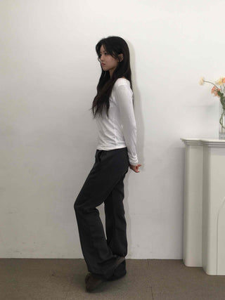 Soft Daily Shirring Detail Round Neck Long Sleeve Tee
