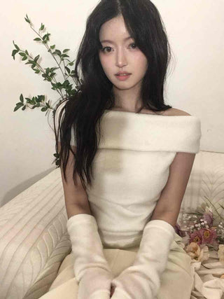 Romantic See-through Slash Neck Balloon Sleeve Knit