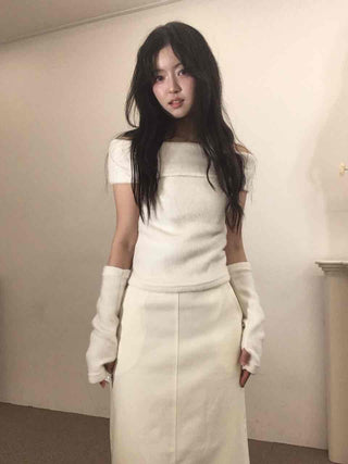 Romantic See-through Slash Neck Balloon Sleeve Knit