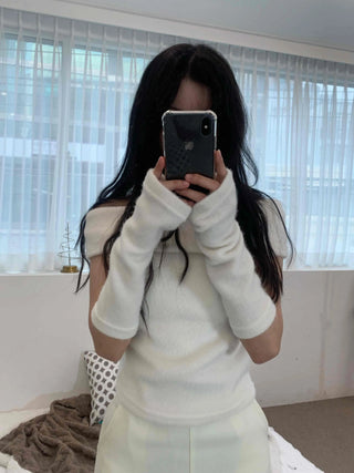 Romantic See-through Slash Neck Balloon Sleeve Knit