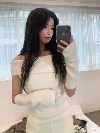 Romantic See-through Slash Neck Balloon Sleeve Knit
