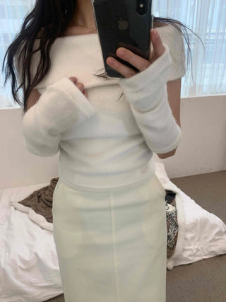 Romantic See-through Slash Neck Balloon Sleeve Knit