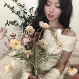 Romantic See-through Slash Neck Balloon Sleeve Knit