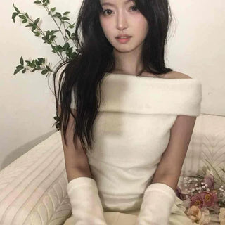 Romantic See-through Slash Neck Balloon Sleeve Knit
