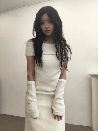 Romantic See-through Slash Neck Balloon Sleeve Knit